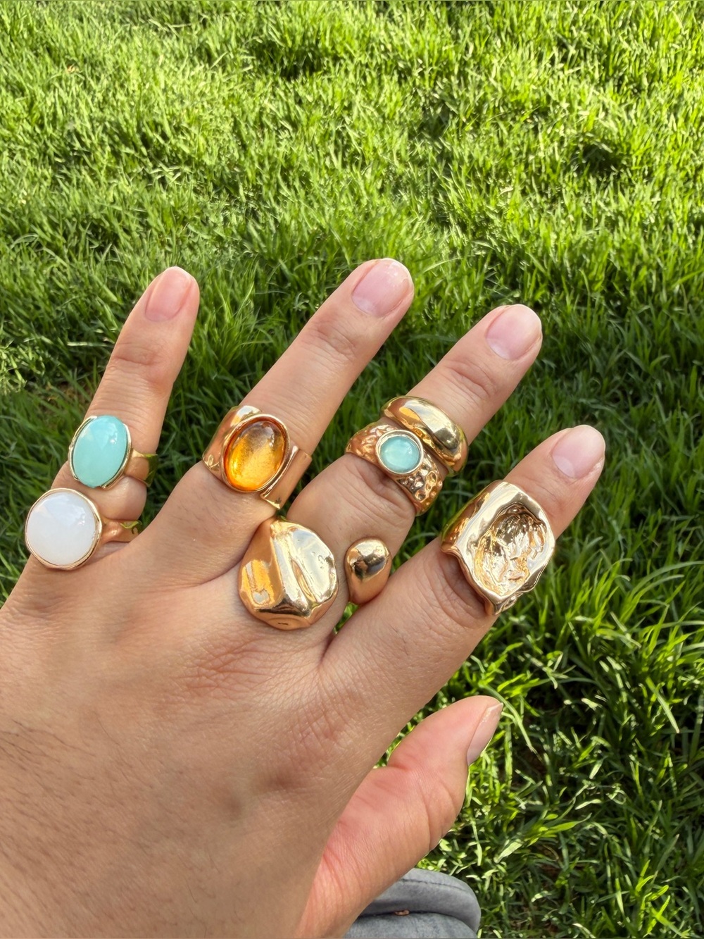 7 Gold Statement Rings Set with Turquoise, White and Amber faux Stones